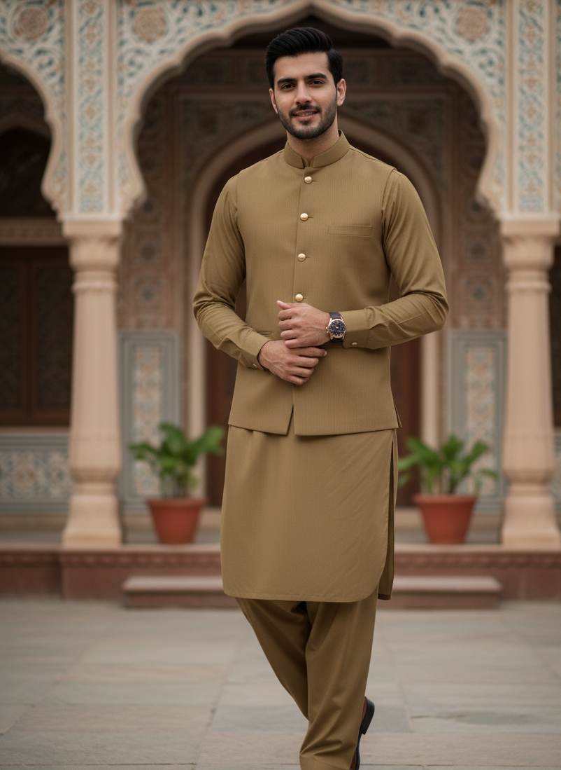 "Mustard wash and wear unstitched fabric by AFSAAR - 4 meters premium quality"
"Close-up texture of wrinkle-resistant wash wear fabric Pakistan"
